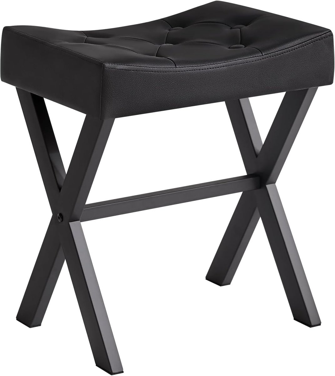 Vanity WBD019B Kruk, PU U-vorm, vierkante make-uptafel met X-leggen, kruk, voetenbank, multifunctioneel als kleine salontafel, voor slaapkamer, woonkamer, zwart