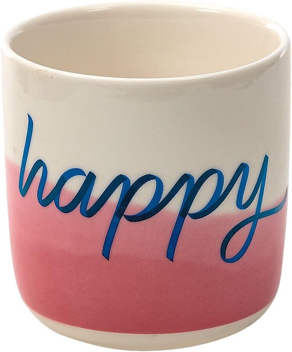 moses. Mok Happy, moderne keramische koffiemok, zonder handvat, met opdruk binnen en buiten, keramische mok met dipdye-kleurverloop, vaatwasmachinebestendig, magnetronbestendig, inhoud 300 ml