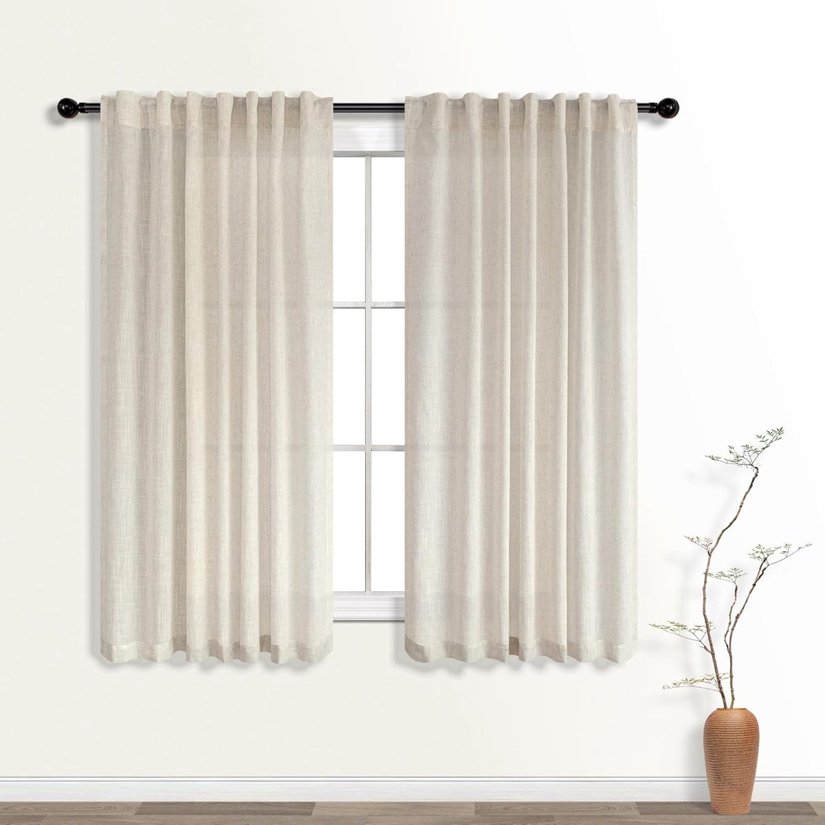 Boerderij keuken gordijnen sets voor ramen boven de gootsteen, Boho linnen rustieke pure RV gordijnen voor camperramen, 114 cm lang, bruin beige