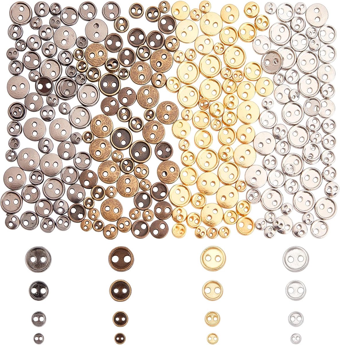 Knopen van legering, 4 maten en 4 kleuren, plat, rond, 2 metalen gaten, drukknopen, voor breien, knutselen, handwerk, naaien, kleding