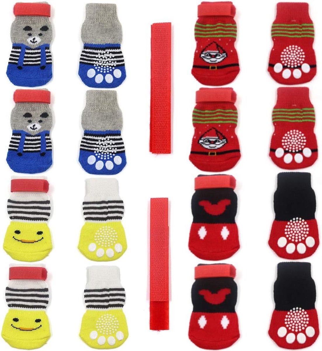 4 paar anti-slip hondensokken en kattensokken met rubberen versterking en 8 kleine bandjes, huisdierpootbeschermer voor hardhouten vloeren, indoor slijtage. stijl 2 (M)