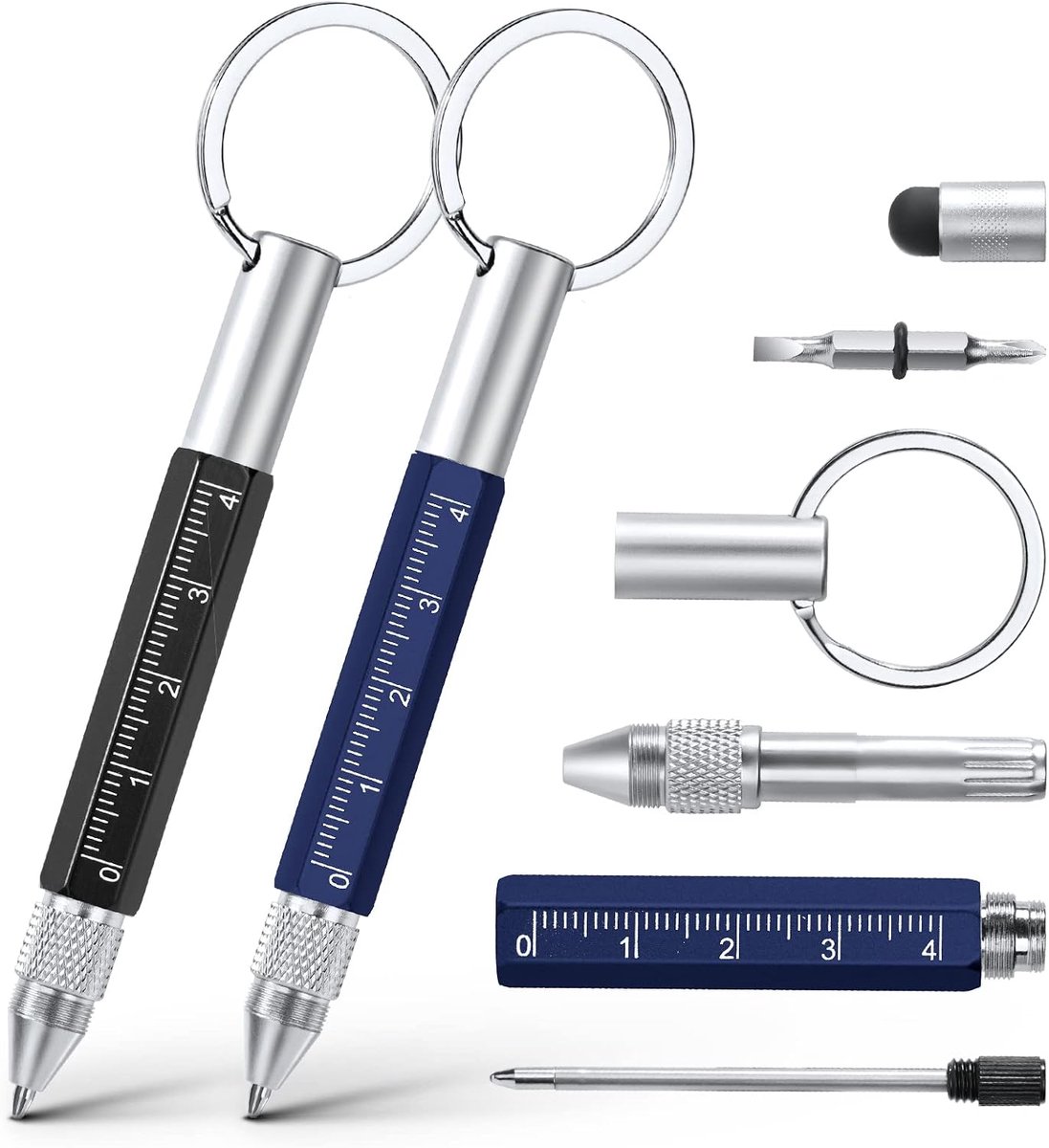 Cadeau voor heren, 6-in-1 multifunctionele balpen, 2 stuks, ronde gesp, origineel grappig kerstcadeau (zwart + blauw)