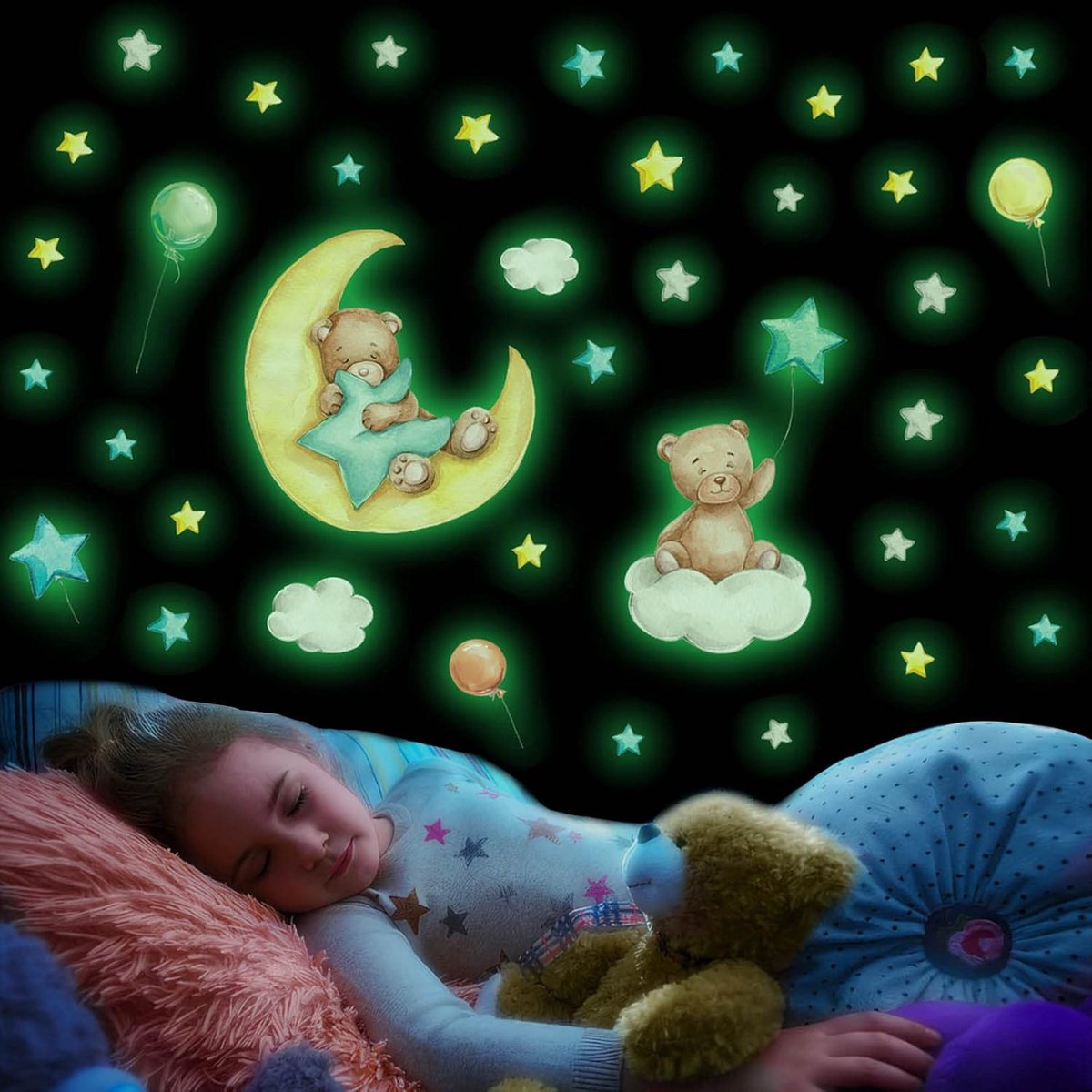Muurstickers Lichtgevende Kinderkamer, Baby-Beer Fluorescentie Muurtattoo, Maan Sterren Stickers Glow in the Dark, Afneembare Glowing Stickers Decoratieve voor Jongens Meisjes Babykamers Slaapkamer