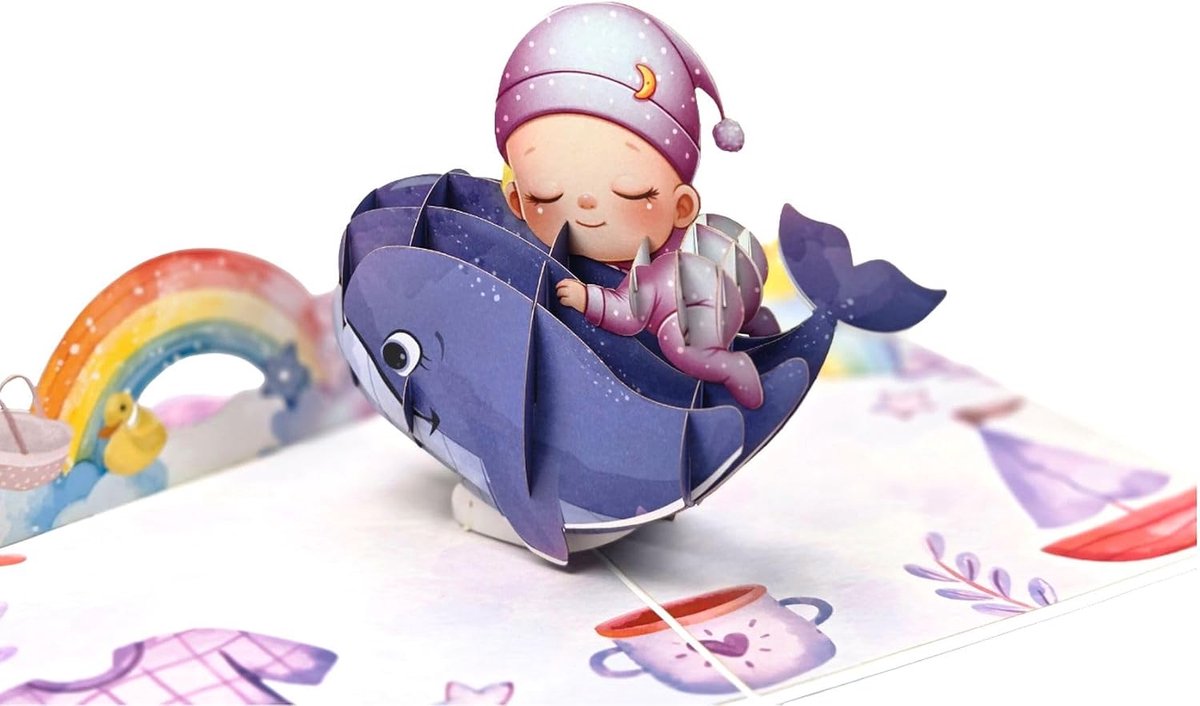 3D pop-up kaart baby op walvis met regenboog - handgemaakte uitklapbare kaart 13 x 18 cm, kinderkaart voor geboorte, doop, babyshower, wenskaart met envelop