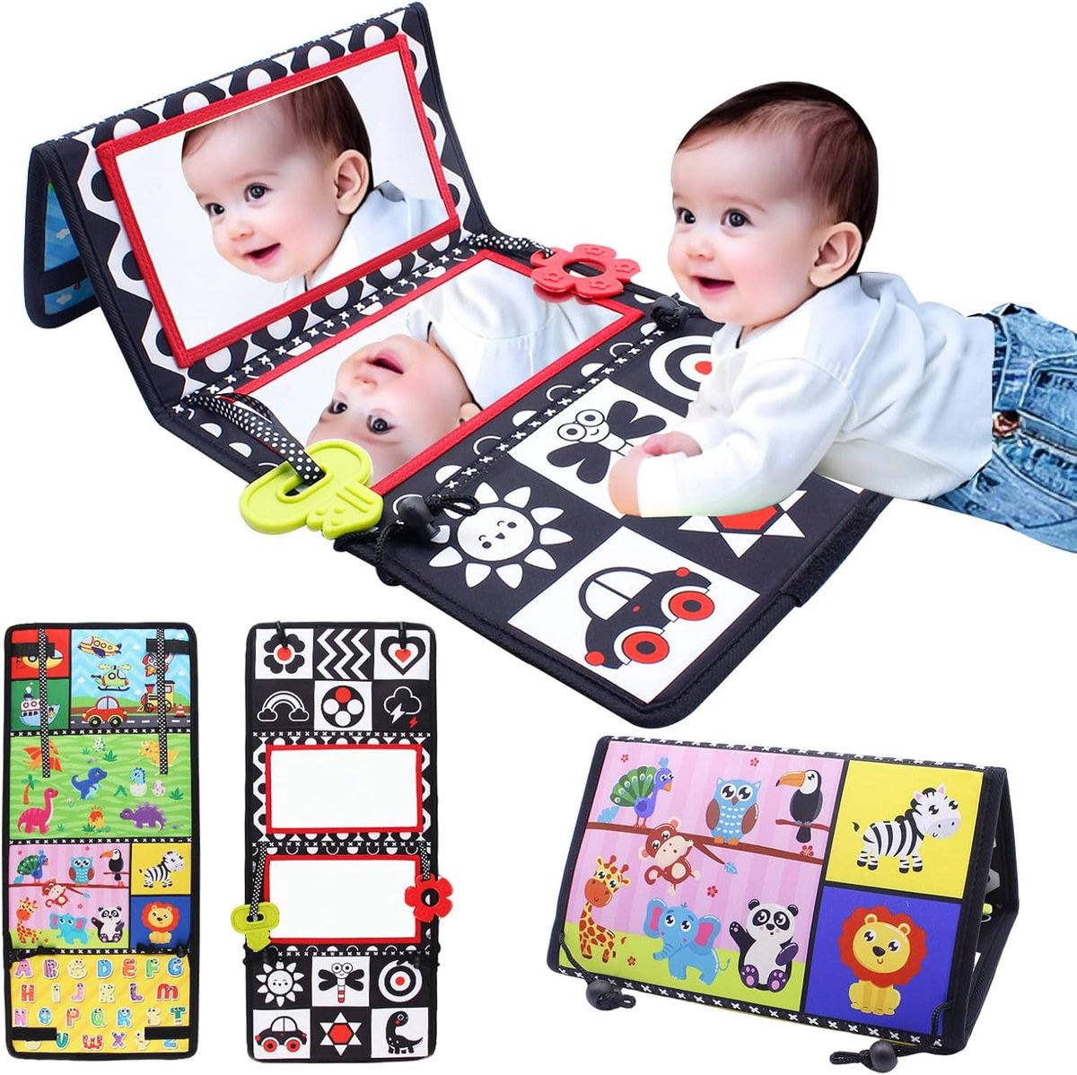 Spiegelspeelgoed met Knisperboek, Opvouwbare Buikspiegel 0-6 Maanden, Tummy Time Speelgoed, Contrastkaarten Baby Contrastboek Stoffen Boek, Speelgoed voor Pasgeborenen en Peuters