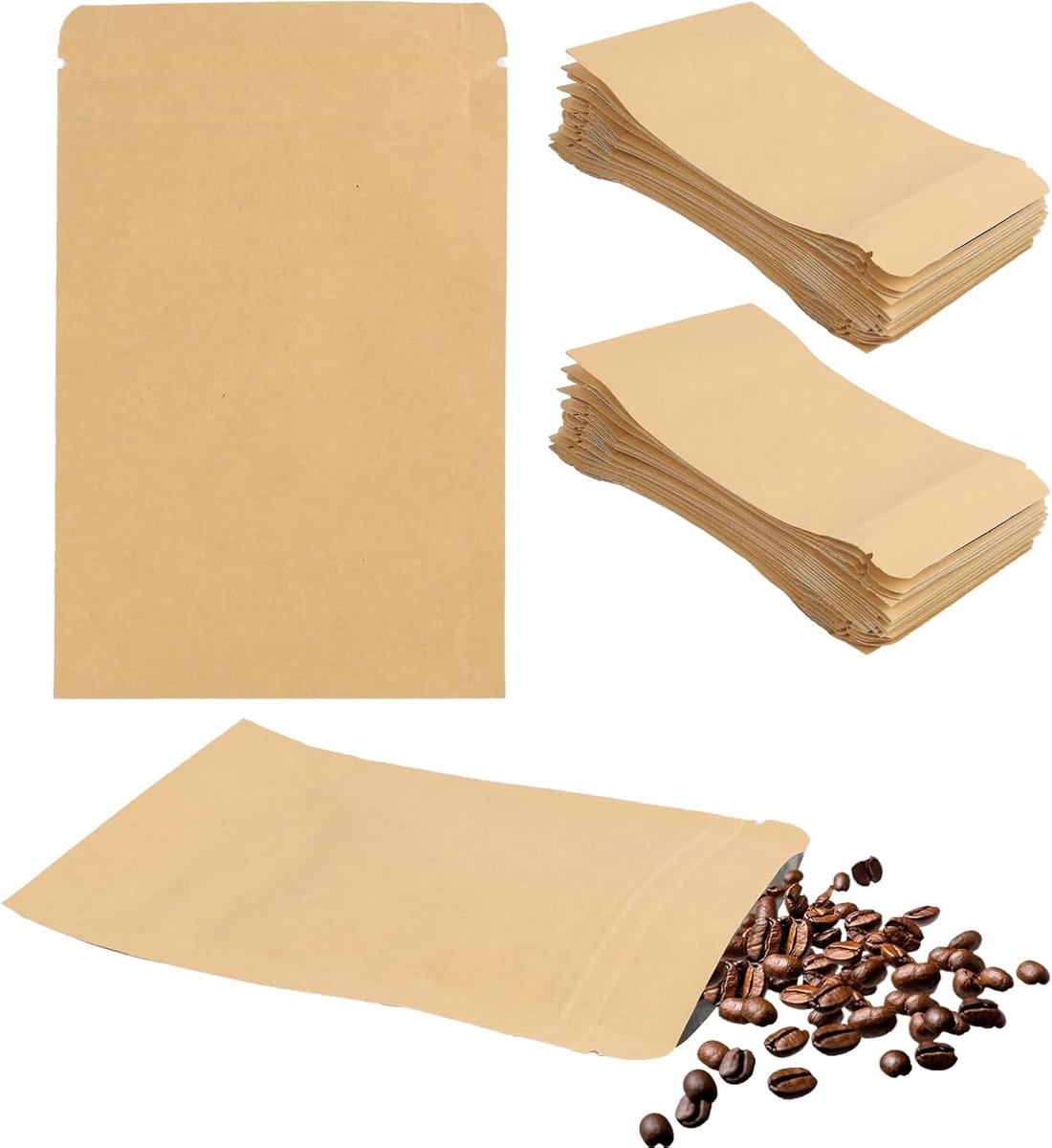 50 stuks zakjes van kraftpapier met folievoering, 9 x 14 cm, voor het verpakken van koffie, thee en levensmiddelen, hersluitbare papieren zakjes, duurzame en milieuvriendelijke verpakking