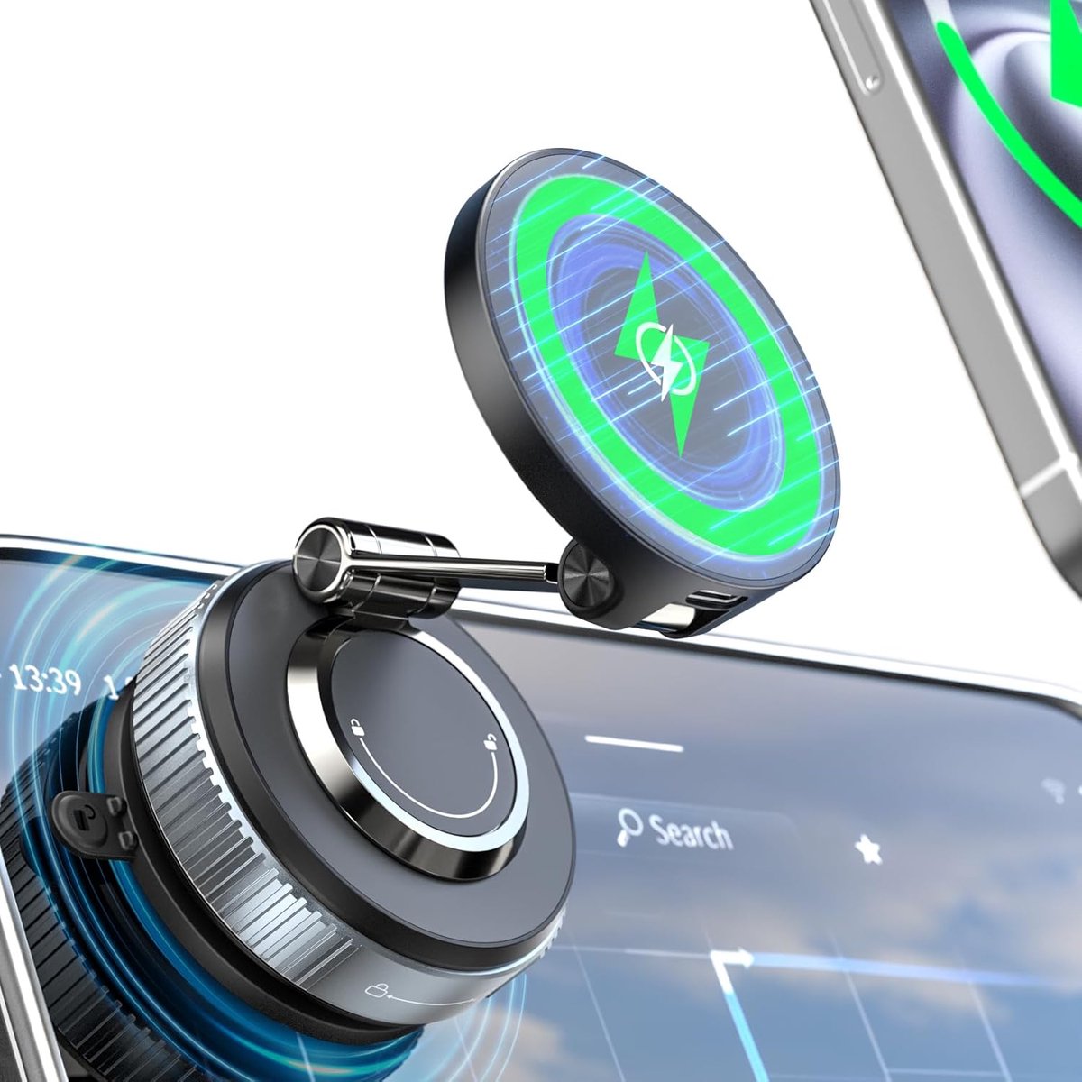 Draadloze autolader houder, nano-gel vacuüm zuignap telefoonhouder voor dashboard en voorruit, opvouwbare 360° verstelbare mobiele telefoon oplaadstandaard compatibel met