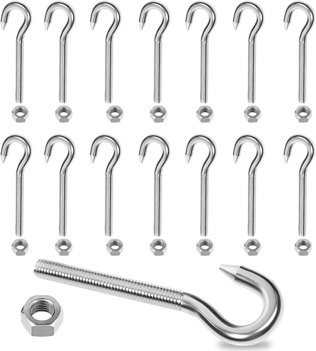 Haken M6, 304 haakschroeven, zware pluggen, schroefhaken van roestvrij staal en 12 zeskantmoeren, haken met schroefdraad, bouten, schroefdraadhaken voor hangmatten, luifels
