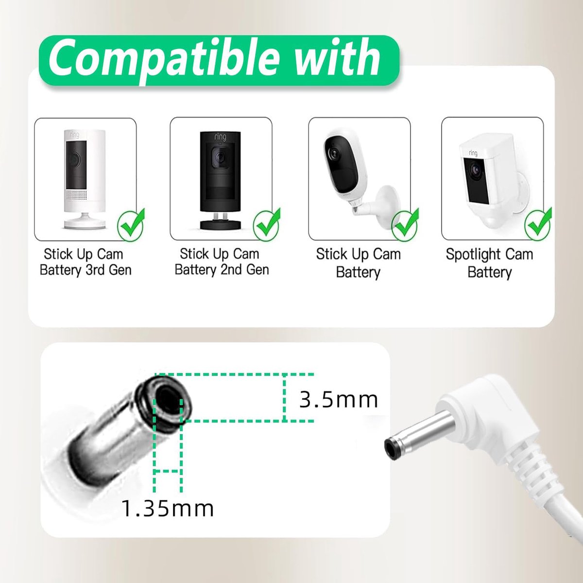 4 m Power Adapter Plug Oplaadkabel compatibel met Ring Stick Up Cam Battery/Plug-in 3rd/2e generatie en Ring Pan Tilt Stick Up Camera, weerbestendig netsnoer voor binnen en buiten (wit)