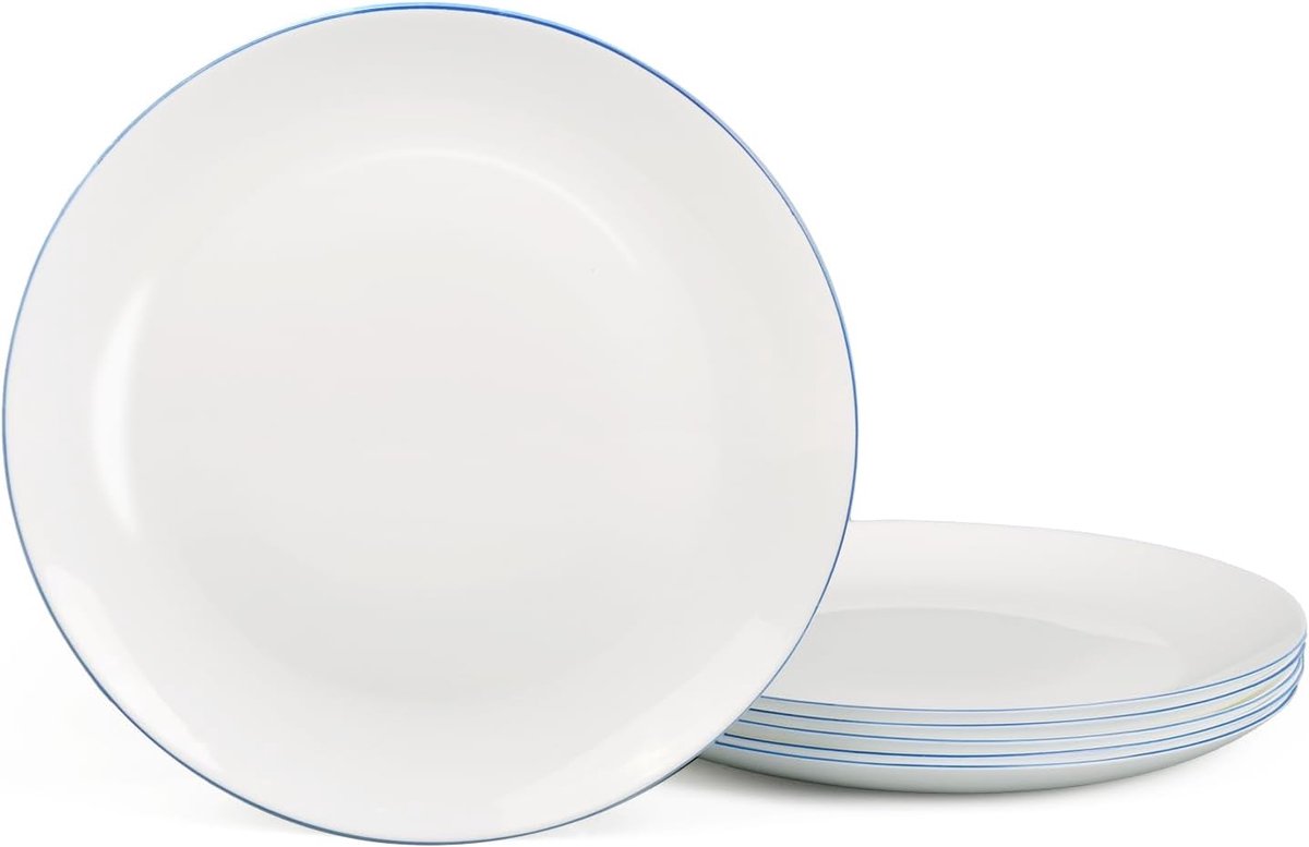 26,67 cm Lichte Ronde Witte Opaalglas Dinerbordenset van 6 stuks, Handgeschilderd Marineblauwe Rand, Vaatwasser‑ & Magnetronbestendig