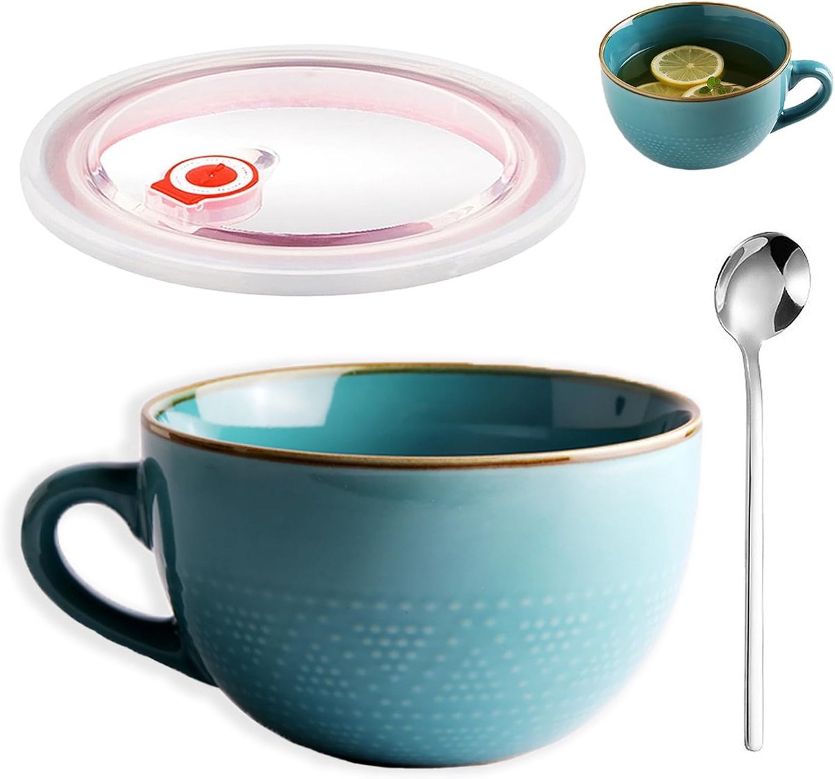 keramische kom, 700 ml mok, koffiemok met handvat, ontbijtkom, keramische schaal met magnetron, grote saladeschaal, geschikt voor melkdesserts, havermout, blauw