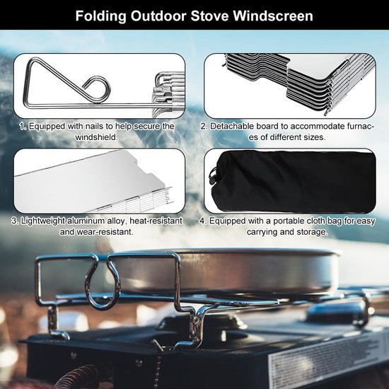 Windscherm voor campingkooktoestel, opvouwbare aluminium windscherm, lichte opvouwbare windscherm, campingvoorruit, windscherm, voor outdoor grill, kachels, gasfornuis (16 platen) — afbeelding 3