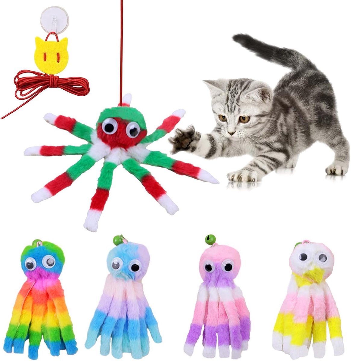 5 stuks kleurrijk kattenspeelgoed, octopus kattenspeelgoed, interactief kattenspeelgoed, met belletjes, pluche, kattenspeelgoed, voor tandenpoetsen en stressvermindering