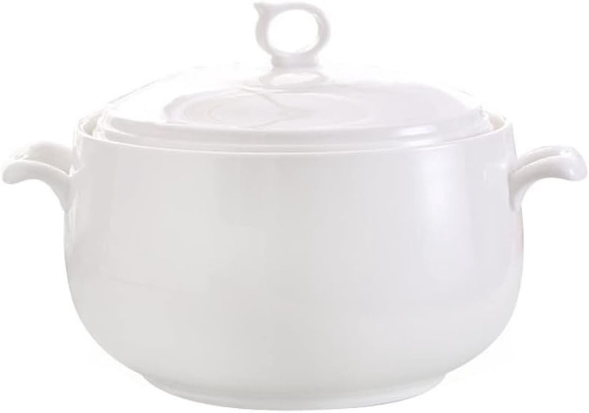 soepterrine met deksel, 3 liter grote inhoud, serveerterrine met dubbele handgrepen voor de keuken, porselein, wit, magnetron- en vaatwasmachinebestendig (wit)