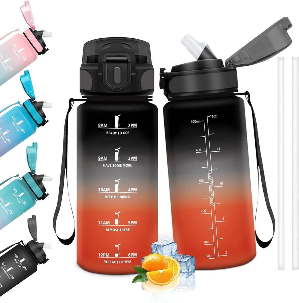Drinkfles 500 ml, BPA-vrij en lekvrij, drinkflessen met rietje, herbruikbare drinkfles voor de basisschool, waterfles voor school, sportschool, kantoor, hardlopen