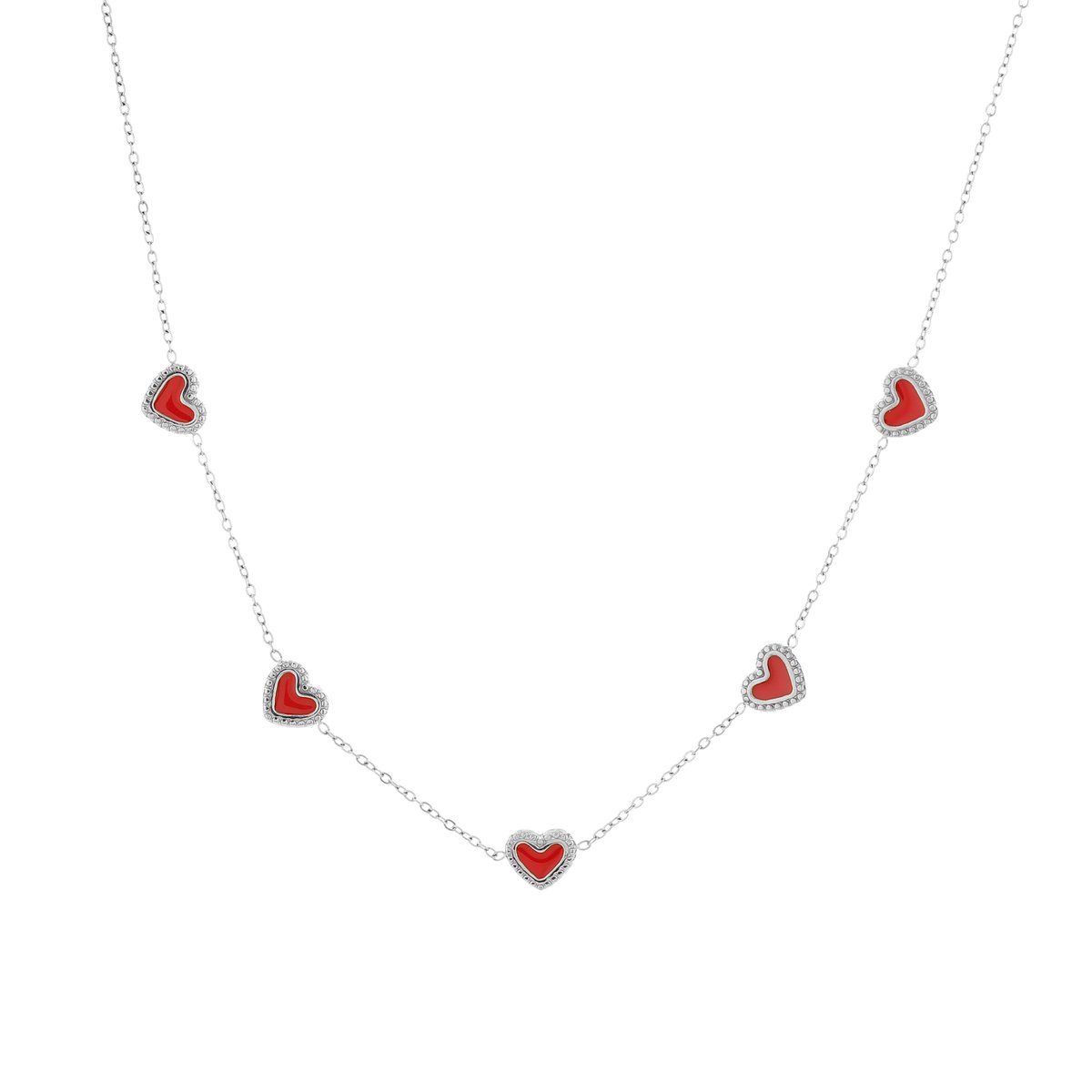 Enamel Red Heart Pavé Zirconia Station Necklace – Luxe Ketting Hartjes – RVS - Rood
