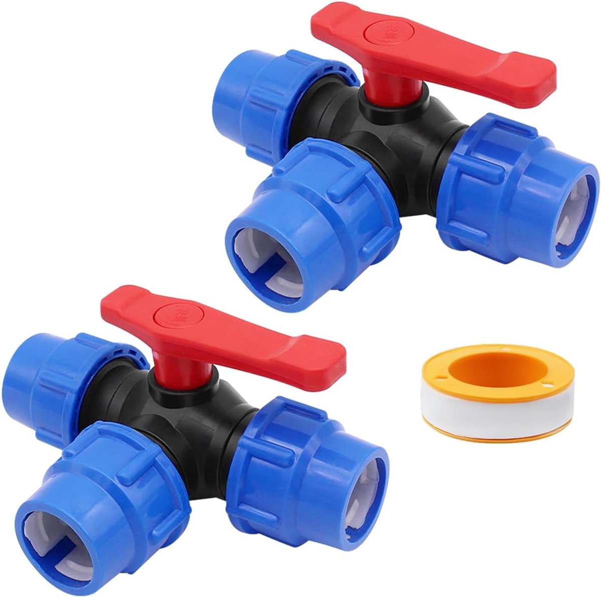3-weg kogelkraan, T-stuk, klemconnector voor PE buis 25 mm, van hoogwaardig PP, compatibel met Gardena T-stuk, kogelkraan voor waterleiding, kunststof