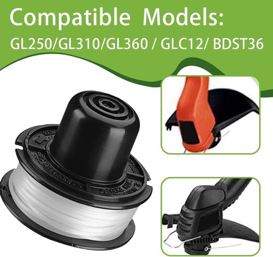Compatibel met Black + Decker vervangt GL250 GL310 GL360 GL360SB reservespoel voor grastrimmer van nylon, 3 spoelen, 1 spoelafdekking, 1 veer van compatibel — afbeelding 3