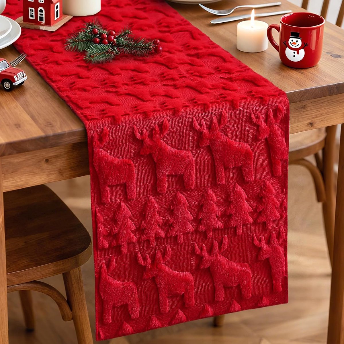 Tafelloper voor Kerstmis, fluweel, 40 x 180 cm, zachte decoratie voor Kerstmis, feestjes en keukens buiten (rood, kerstbomen en eland)