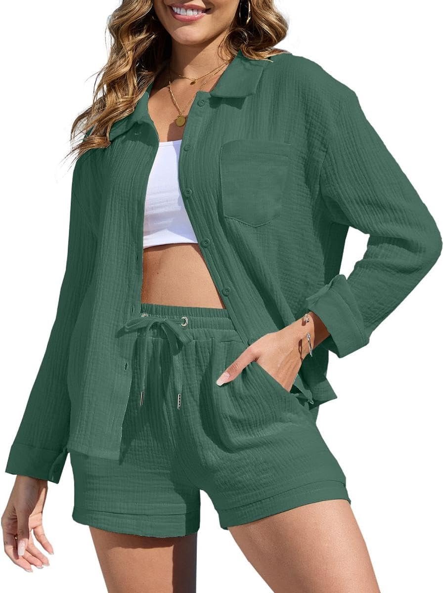 outfit voor vrouwen casual Co Ord Sets Button Down shirt met lange mouwen en elastische hoge taille trekkoord wijde pijpen shorts zomer loungewear trainingspakken Y2K esthetische