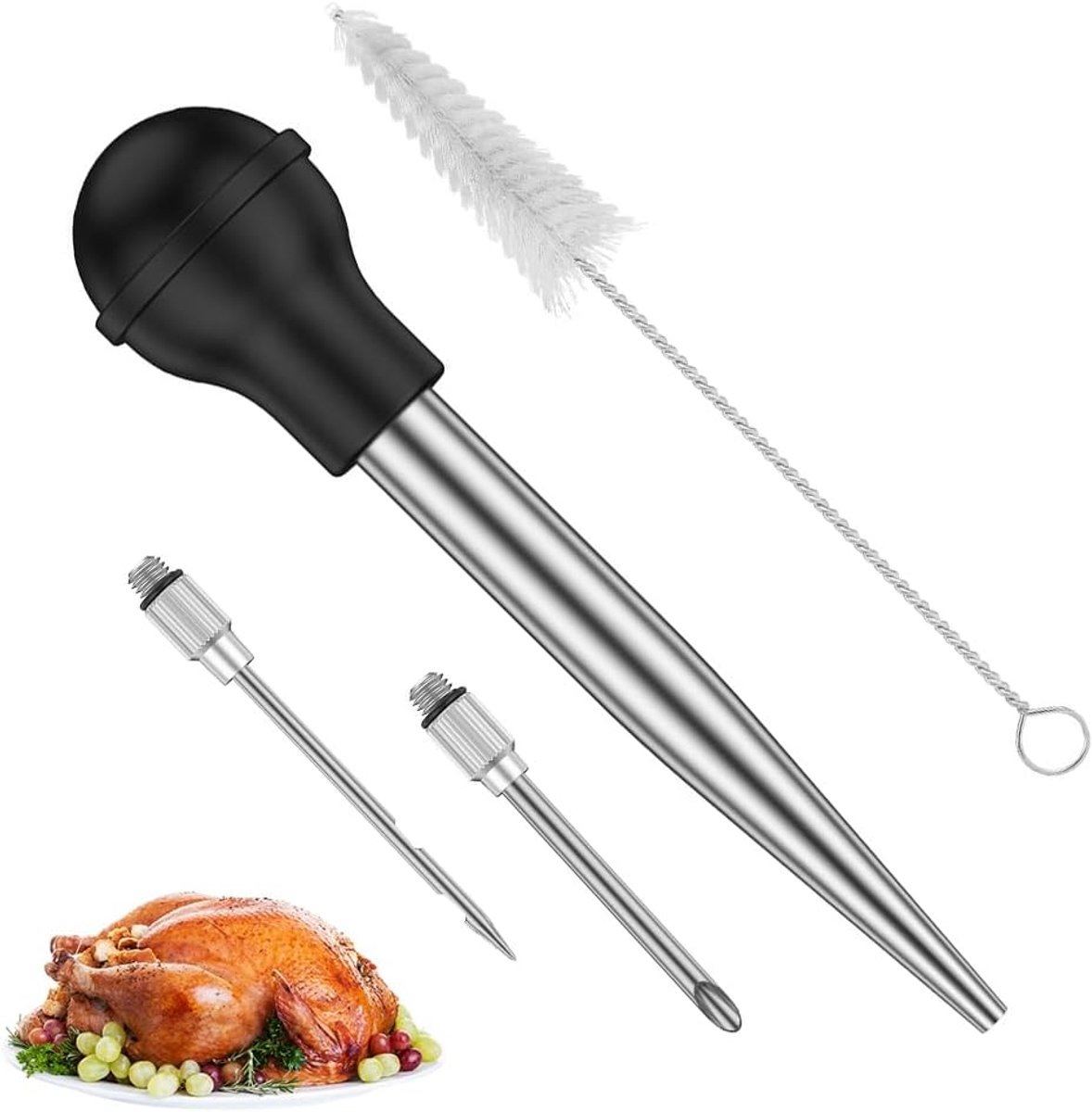 Braadspuit van roestvrij staal voor marinades, kalkoenbaster, kruidenspuit met 2 naalden en reinigingsborstel, vleessinjector voor sappig en aromatisch vlees, braadspuit voor BBQ, koken