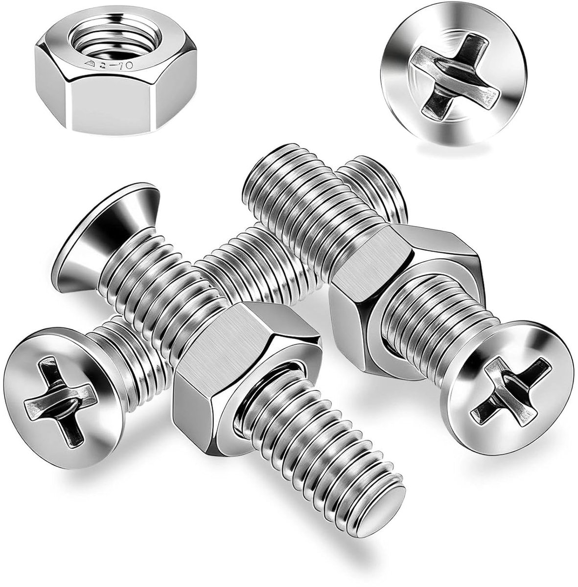 kopschroeven, roestvrij staal, M6 x 30 mm, 30 stuks platte kopschroeven met moeren, kruiskop, metalen schroeven, machineschroeven, volledige schroefdraad, schroefdraadschroeven voor
