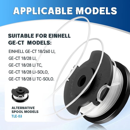 4 stuks grastrimmer draadspoel, compatibel met Einhell TLE-03, reservedraadspoel voor Einhell GE-CT 18/28 Li, GE-CT 18/28 Li TC, GE-CT 18/260 Li, Ø 1,6 mm - 4,9 m lengte (4 spoelen) — afbeelding 2
