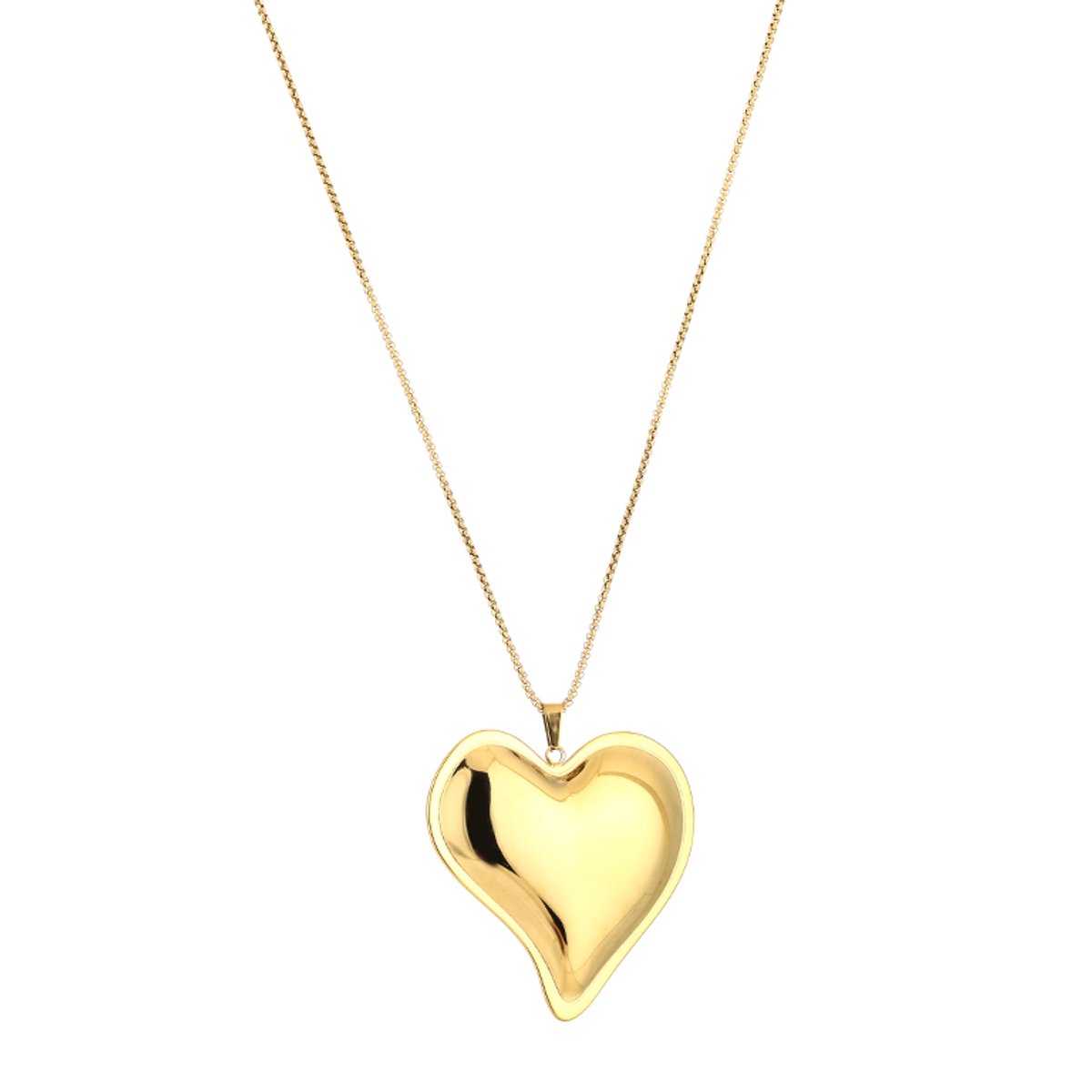 Statement XL Puffed Heart Long Chain Necklace – Luxe Lange Ketting met XL Hart – RVS - Goud