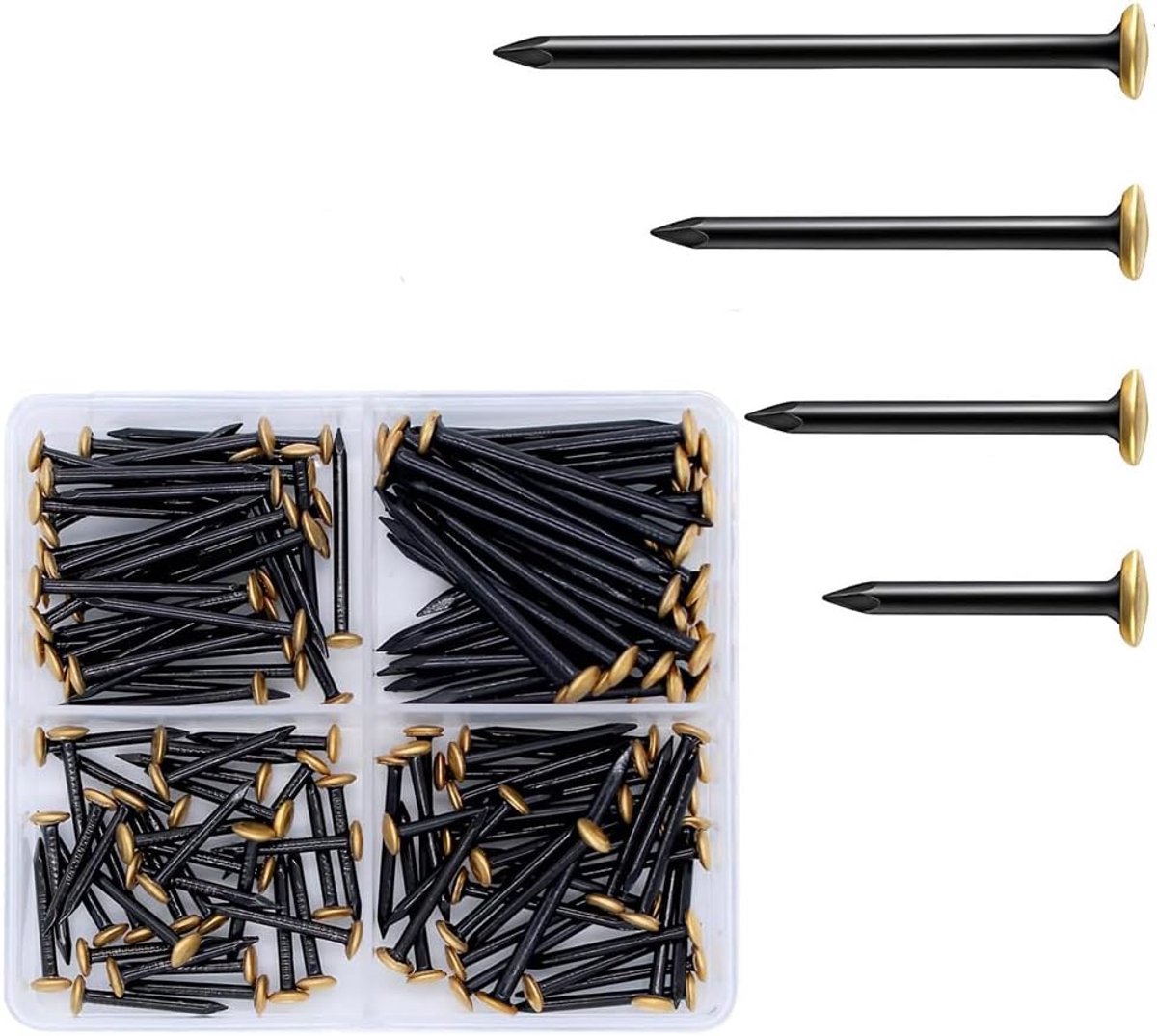 Nagelset, nagelafbeeldingen, ophangen, stalen nagels met gouden kop, stalen fotospijkers met doos, betonnagels, gipsplaten, houten nagels voor betonmuren, baksteen
