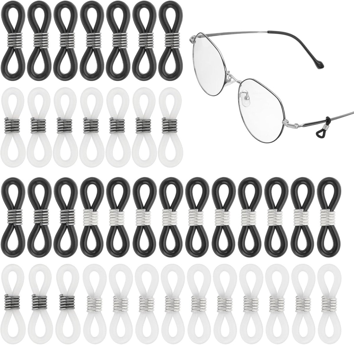 Lenzenvloeistof Kettingverbinder, verpakking van 100 stuks, verstelbare antislip siliconen rubberen bandhouder, kettingeindlus voor dames en heren, zonnebril, roségoud/zwart (metalen veer)