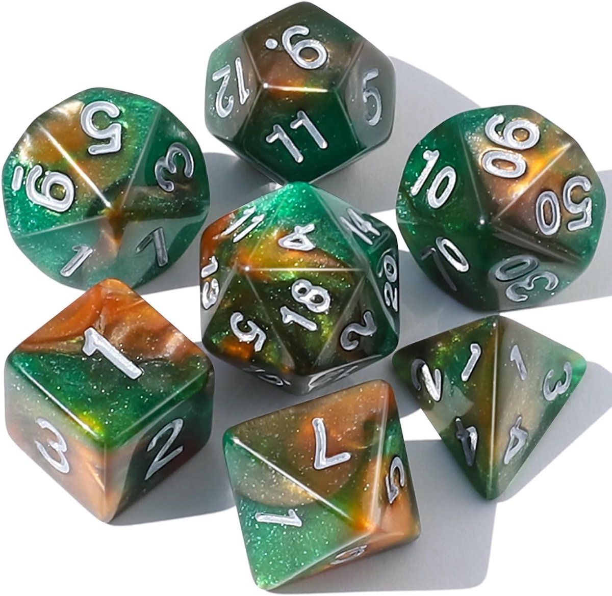 DND dobbelstenen, set van 7 polyedrische dobbelstenen voor Dungeons en Dragons Pathfinder DND, RPG, MTG, groen en oranje