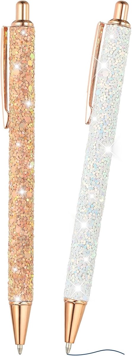 Glanzende balpen, 2 stuks, fonkelende glitterpen, intrekbare druk, metaal, journaling, schrijfstiften, zwarte inkt voor vrouwen, meisjes, kantoor, verjaardag, roségoud, wit