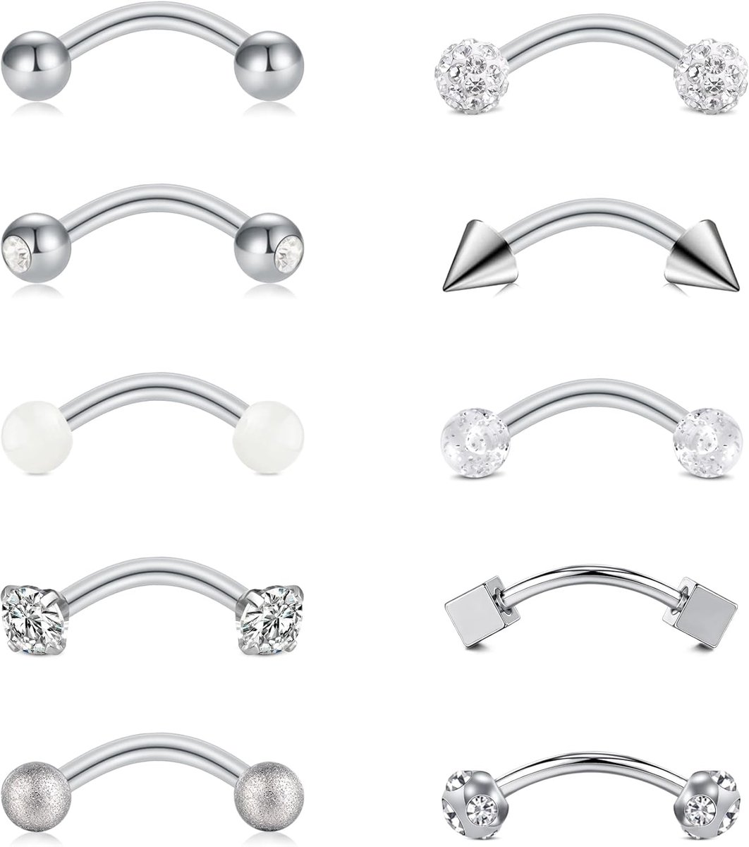 10 stuks rookpiercing, wenkbrauwpiercing, 16 G, 8 mm, chirurgisch staal, wenkbrauwpiercing, verticaal, labret, lippiercing, banaan, industriële navel voor dames, zilver, goud, roze, zwart