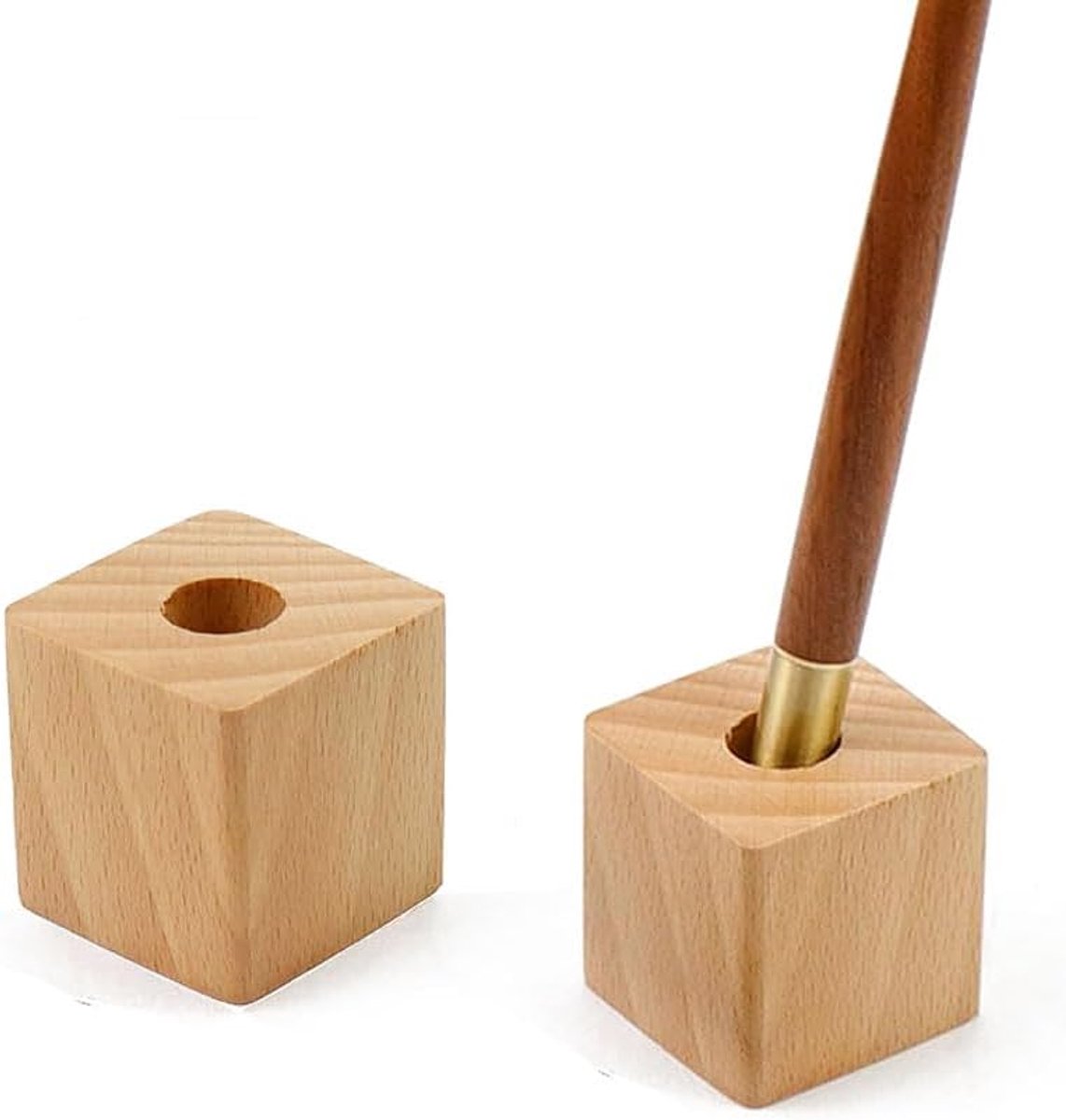 2 stuks houten pennenstandaard, 3,5 cm vierkante pennenstandaard voor enkele pen, pennenhouder basis voor kantoor bureau opslag van inktpennen (lichte houtkleur)