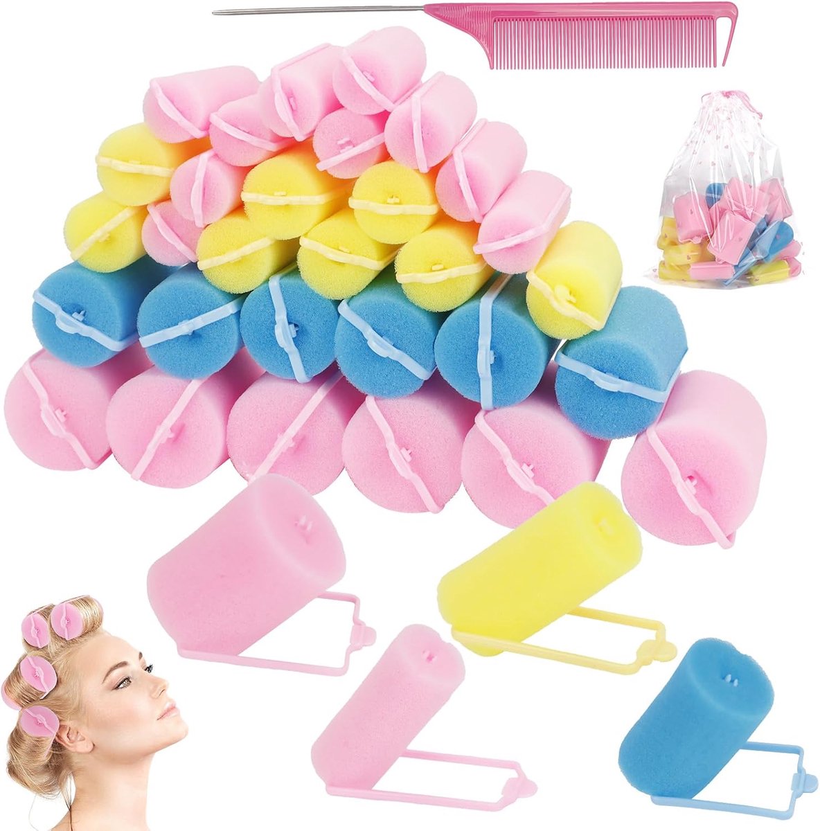 Krulspelden, 4 maten, groot en klein, zacht schuim, krulspelden 's nachts voor vrouwen, meisjes en kinderen, doe-het-zelf haarstyling, salon, kapsels, 4 kleuren