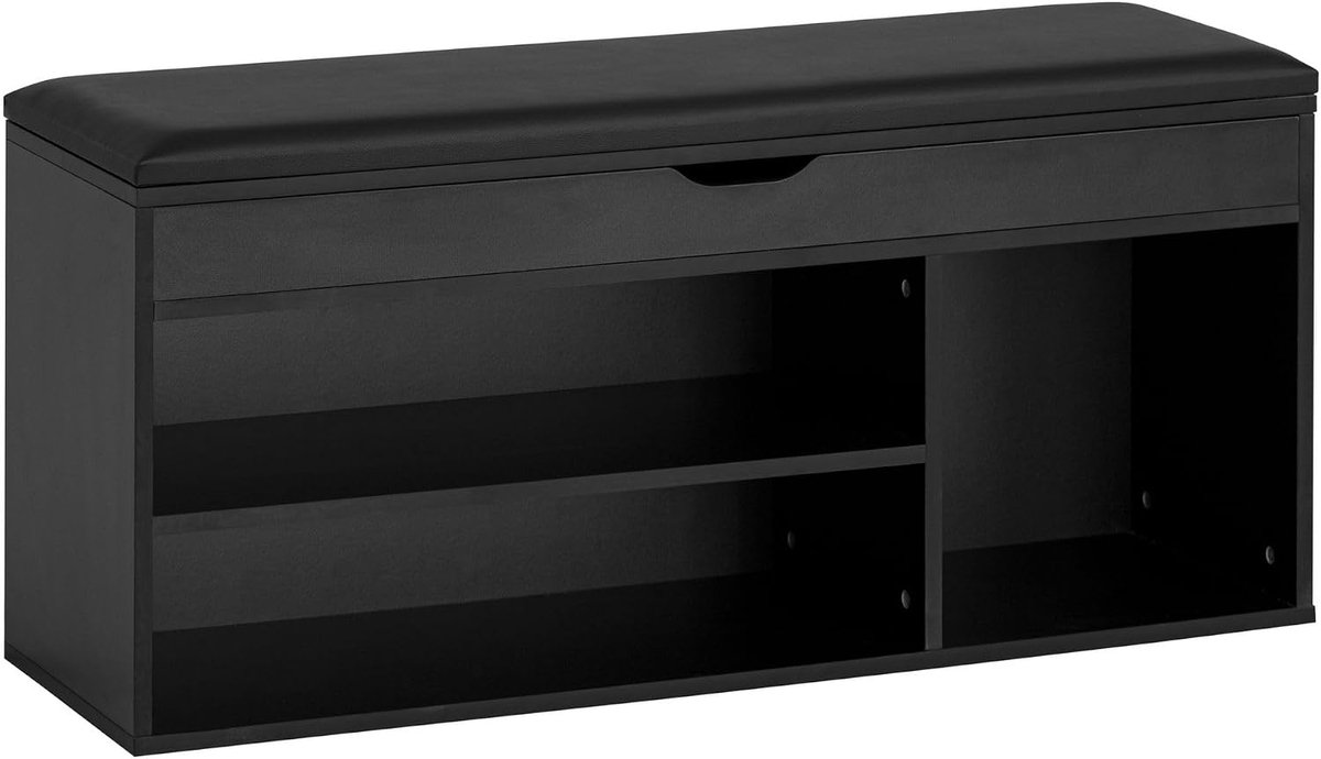 Schoenenbank 104x32x51 cm Zwart met Opbergruimte, Zitbank Hal | halbank met kapstok met gestoffeerd zitvlak en klep, kistbank smal, schoenenplank voor gang en entree
