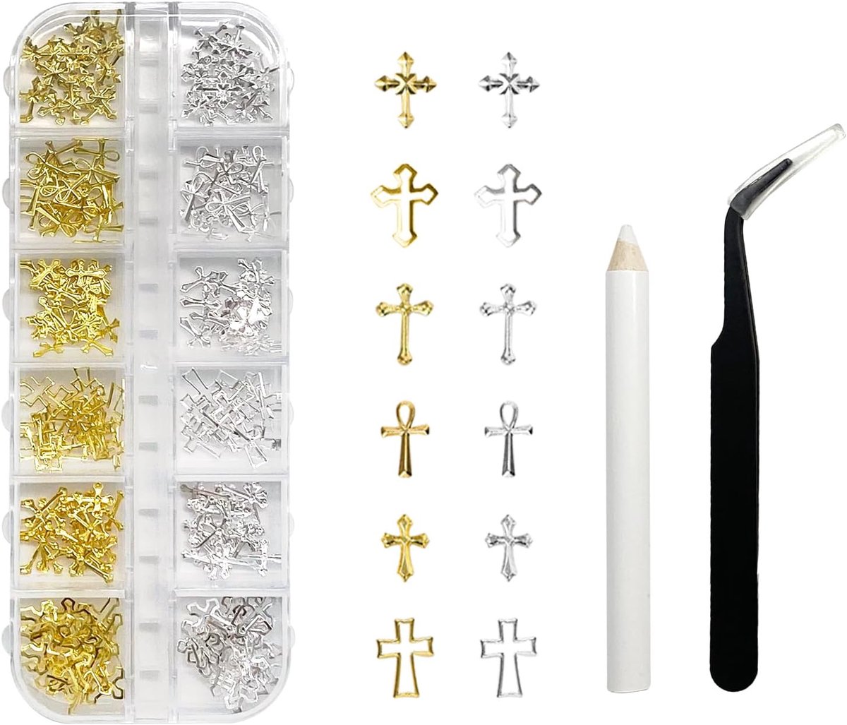 1 doos 3D goud en zilver kruis nagelbedels, trendy metalen kruis accessoires voor elegante manicure, doe-het-zelf nageldecoraties, retro punk stijl
