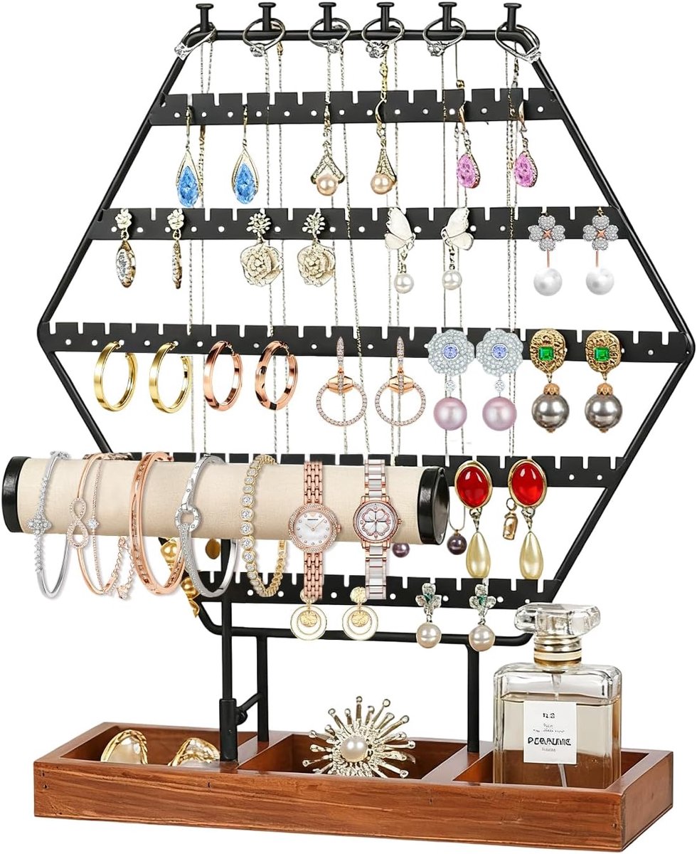 oorbelhouder met houten sokkel, sieradenstandaard van metaal, sieradenstandaard met 12 haken, sieradenorganizer voor commode voor armbanden, oorbellen, halskettingen, ringen