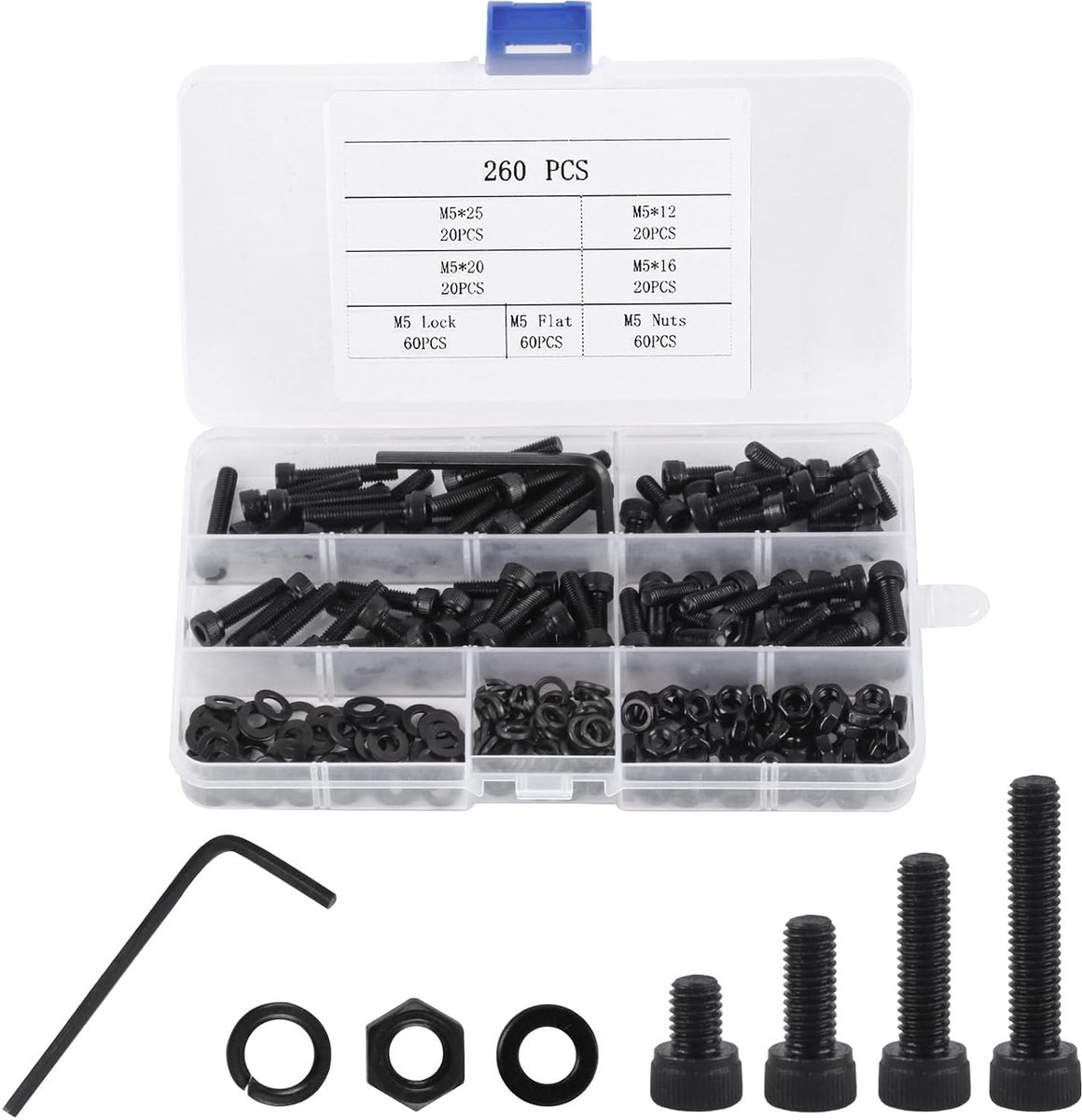 261 stuks M5 schroevenset, schroefdraadbouten, moeren en sluitringen, cilinderschroeven met binnenzeskantschroeven, zwart, machineschroeven, assortiment, met moersleutel