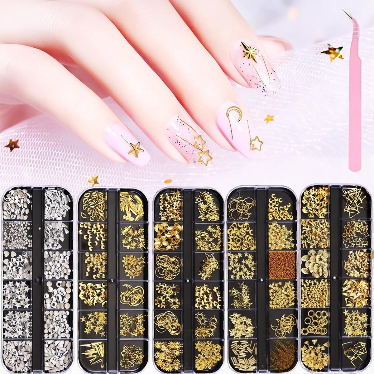 Charms, nail art, nagelbedels, bedels, nagels, 4 doosjes met 12 rasters, nagelsieradenset, inclusief roze gebogen pincet, goud- en zilveren sterstrikken, pareldecoratie voor nageldesign
