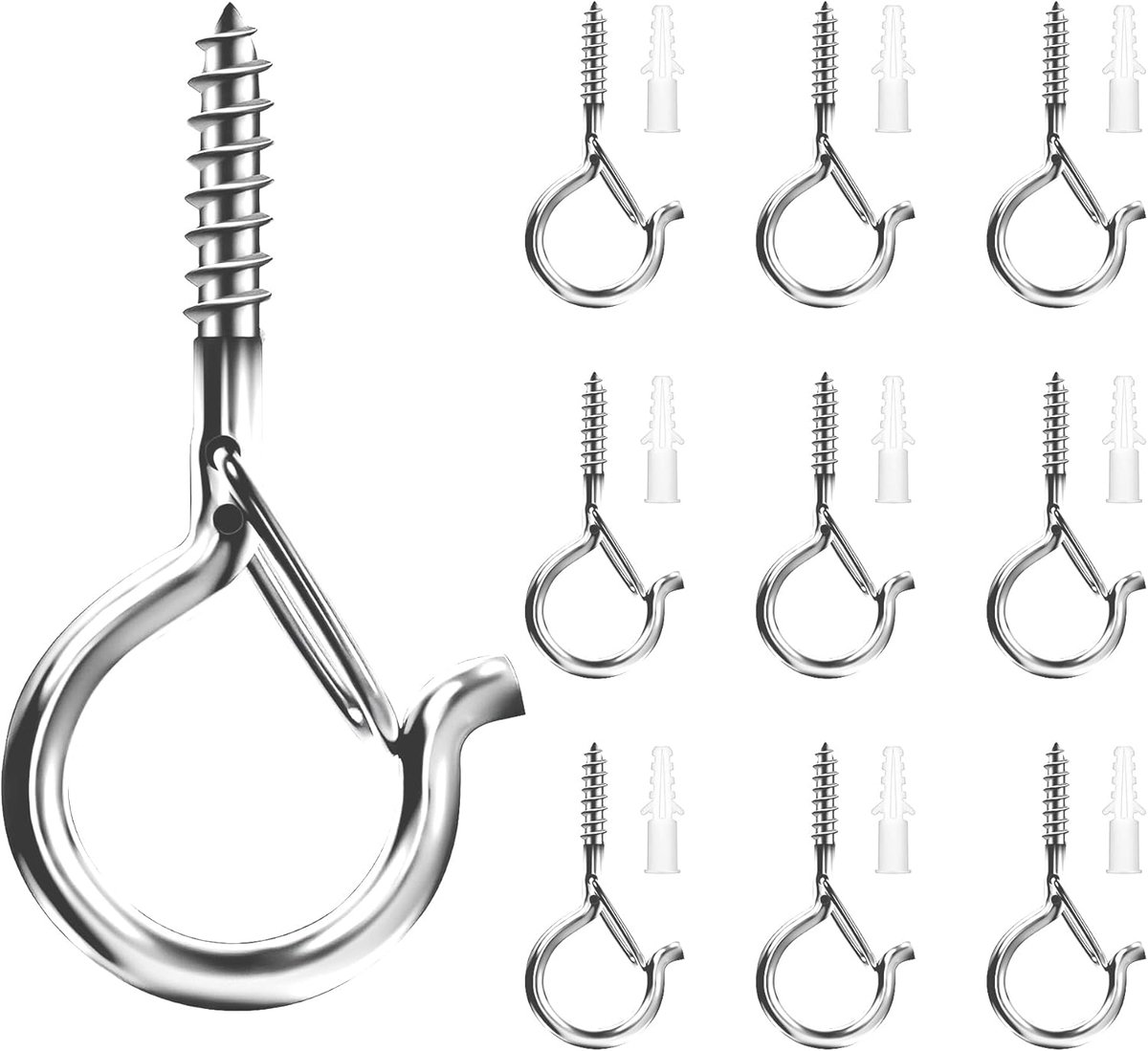 Haken, zwarte haken om te schroeven, roestvrij staal, schroefhaken met zekering, met plug, haak voor lichtketting, potplanten buiten (zilver)