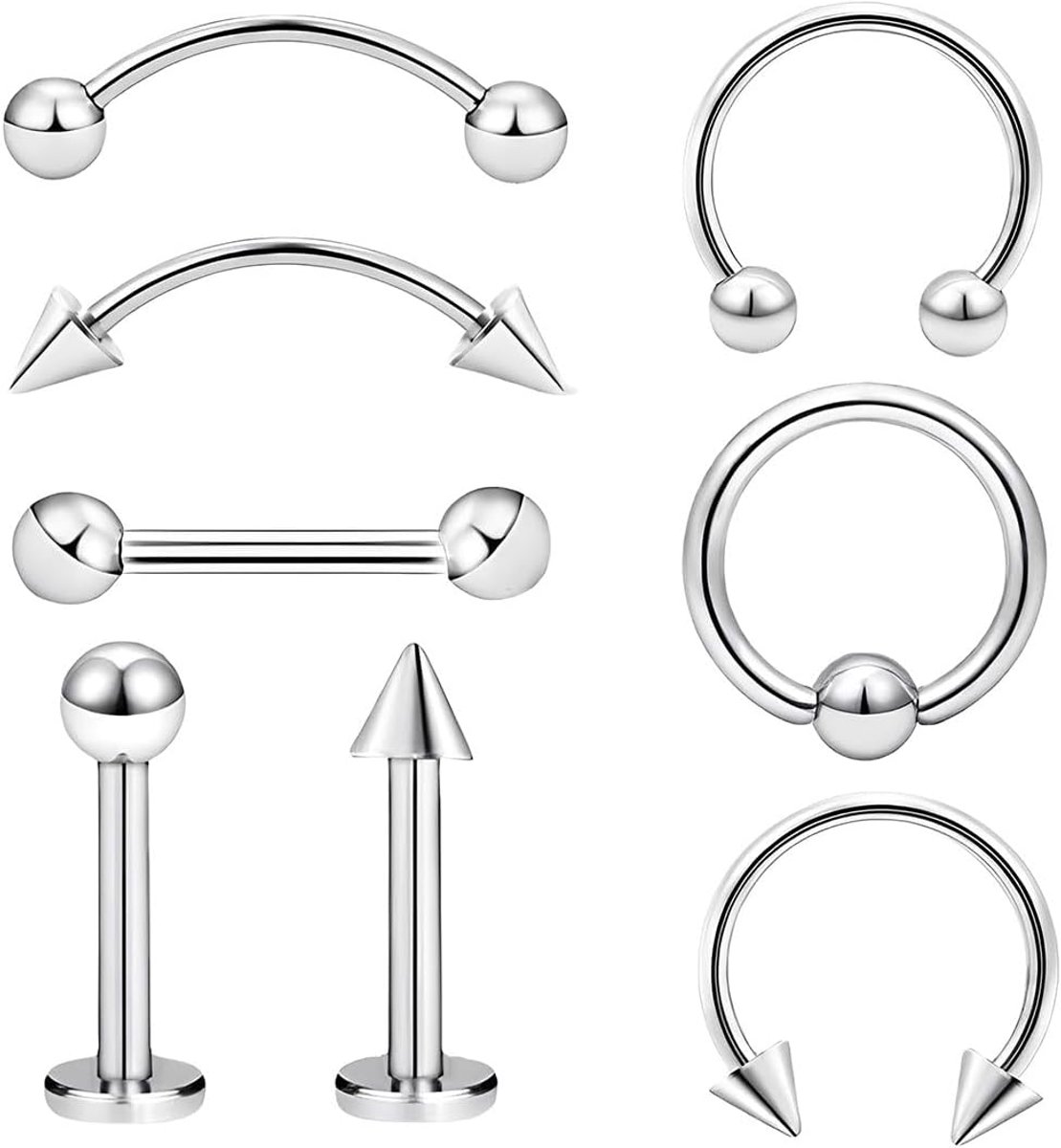8 stuks body piercing sieraden chirurgisch staal wenkbrauwpiercing diafragma wenkbrauwpiercing gebogen lange halter lippiercing 1,2 mm piercing lippen nagel gepersonaliseerd