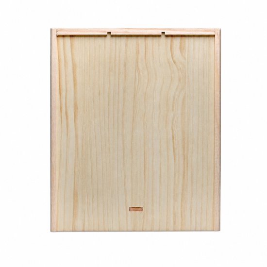 Houten kist, voorkant met schuifdeksel mechanisme.