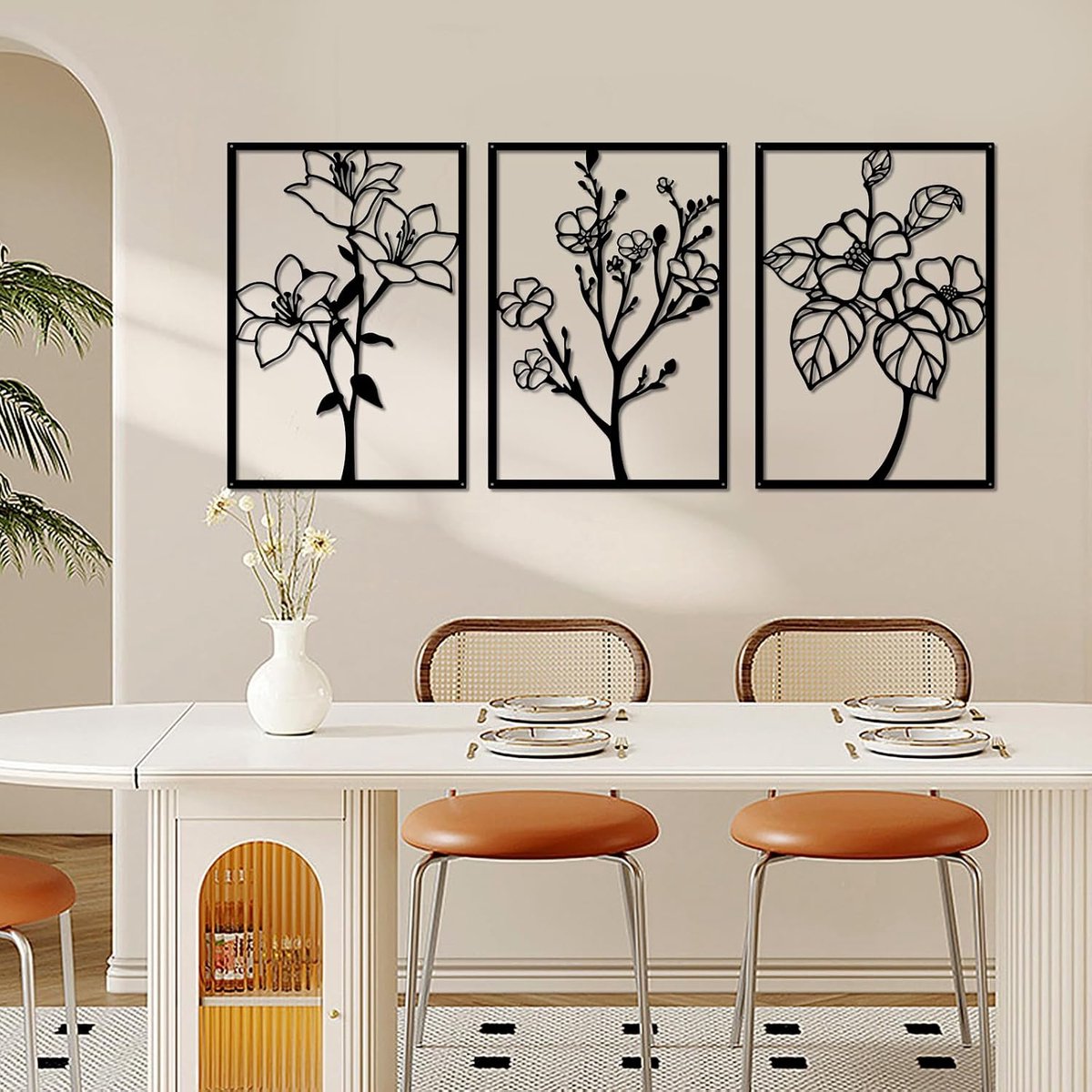 3 stuks zwarte wanddecoratie van metaal, minimalistische wandsculptuur van bloemendraad, moderne decoratie voor slaapkamer, woonkamer, badkamer, galerij (bloemen van lelies)