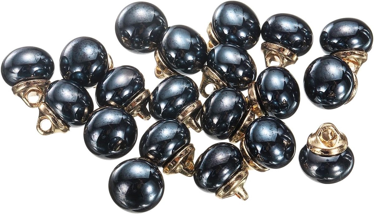 20 stuks 16L ronde zwarte faux-kralenknopen 10 mm 3/8" goud metalen schacht naaiknopen vervanging doe-het-zelf knoop voor naaien, kleding, bruid, trouwjurk, doe-het-zelf handwerk