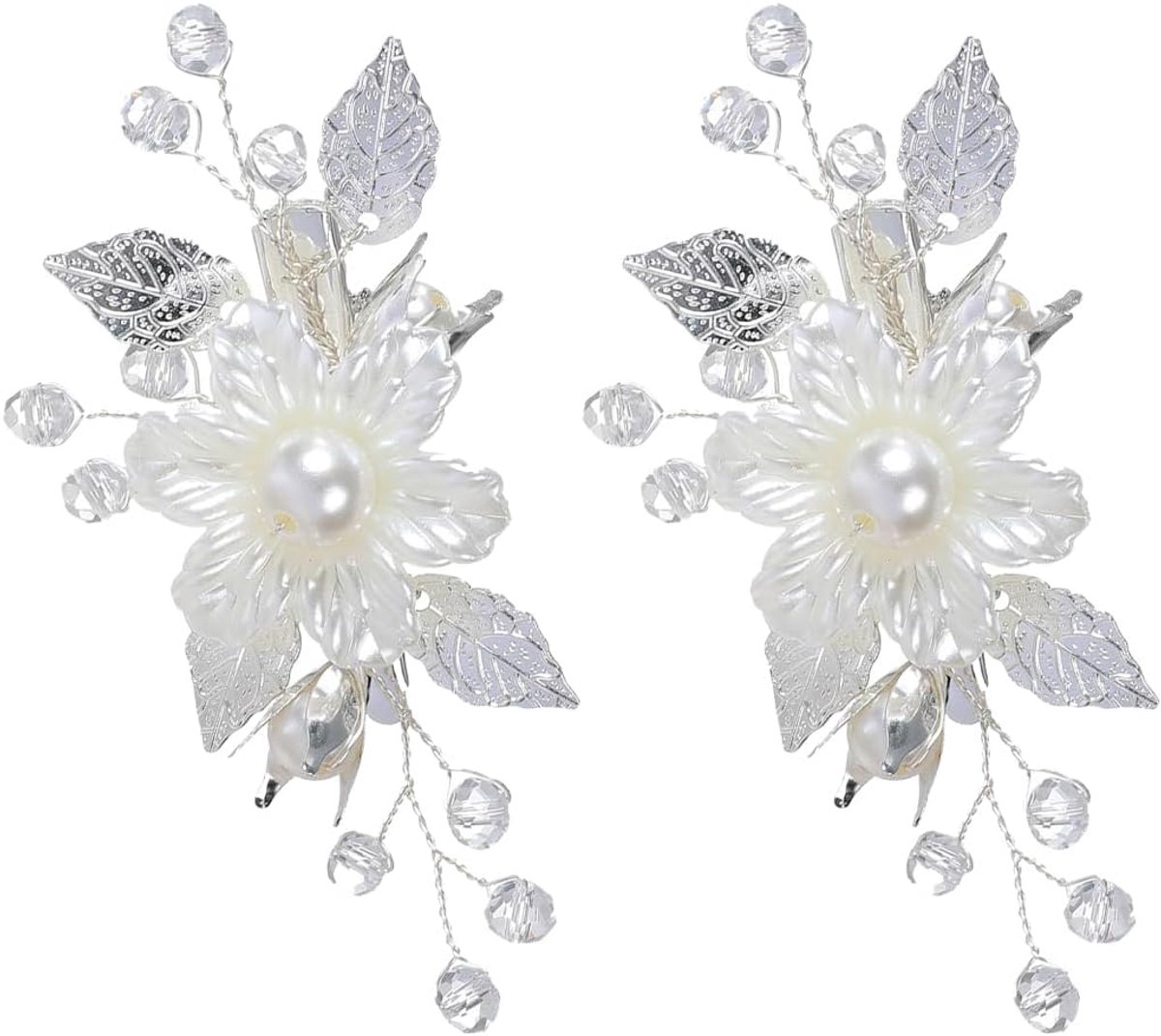 Clips met kristallen kralen bruids witte bloemen zilveren bladwijnstok schuif bruids haaraccessoires