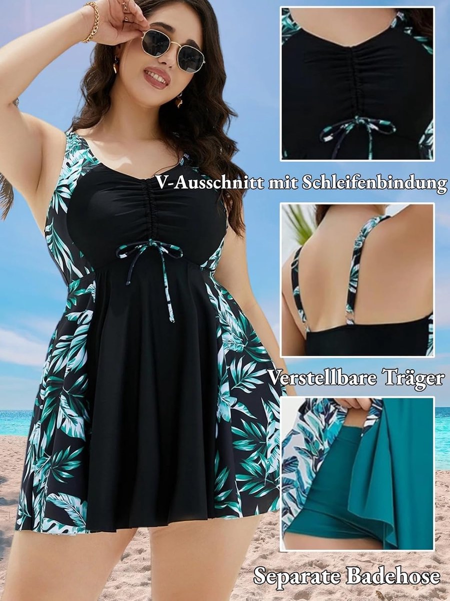Badpak voor dames, grote maten, tweedelige badjurk met bovendeel en zwemshorts, V-hals, zomer, badmode
