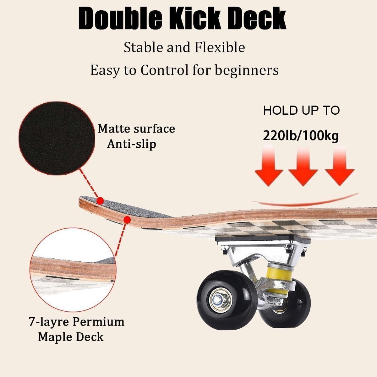 Compleet skateboard voor beginners, 80 x 20 cm, compleet skateboard, concaaf Double Kick Deck met 7 lagen voor volwassenen, jongens, meisjes