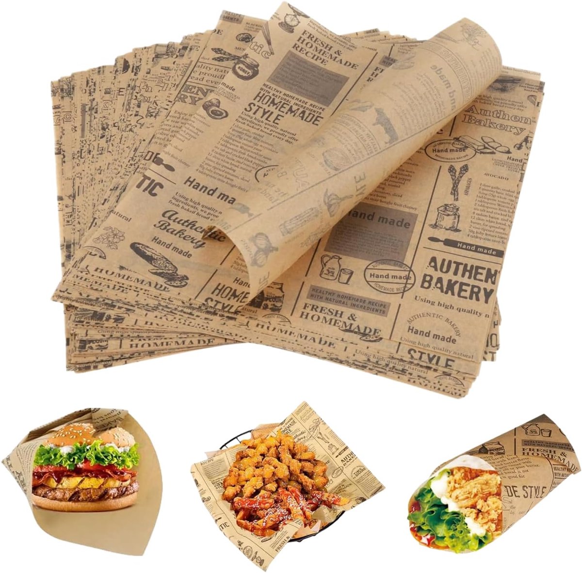 Bakpapier in krantenlook, 100 vellen sandwichpapier 25 x 25 cm, burgerpapier, wegwerp, vetdichte papieren vellen voor sandwiches, friet, cake, brood
