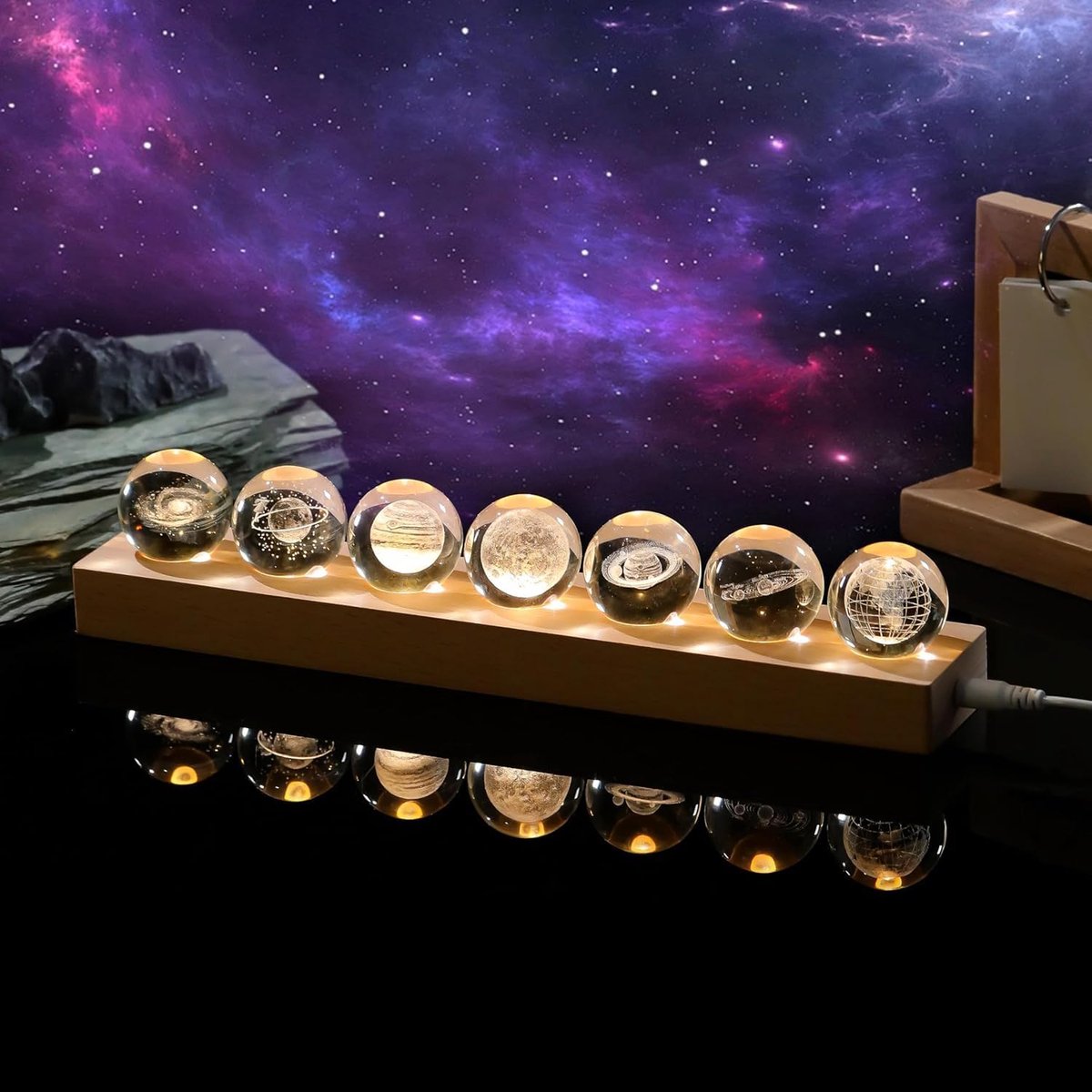 3D kristallen bol nachtlampje, USB 40 mm sterrenstelsel led-ballamp, 7 stuks zonnestelsel kristallen bol, houten sokkel, projectorlicht, nachtlampje voor kerst/verjaardag, astronomie cadeau